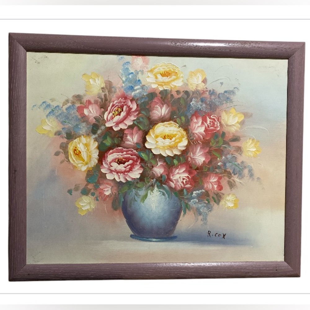 Robert Cox Still Life Oil 16x20 Canvas Painting Pink Yellow Floral Framed 18x22